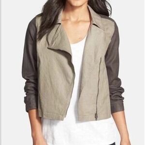 Eileen Fisher 100% Organic Linen Waxed‎ Moto Jacket Asymmetrical Zip Tan Gray XS